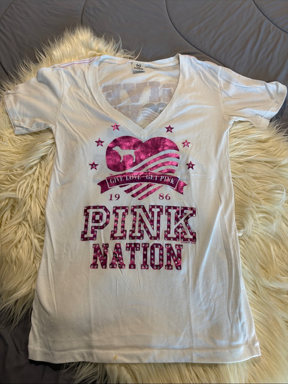 PINK Victoria's Secret Vintage White V-Neck Tee with Hot Pink Graphic